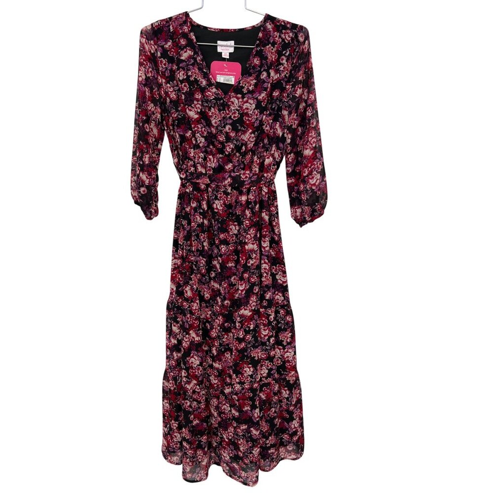 Isabel Maternity Floral Maxi Dress Size XS V Neck Tiered 3/4 Sleeve Chiffon NEW
